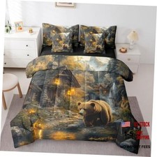 Cabin 7 Piece Bedding Set Bear Comforter Set with Sheets Queen Bear Black