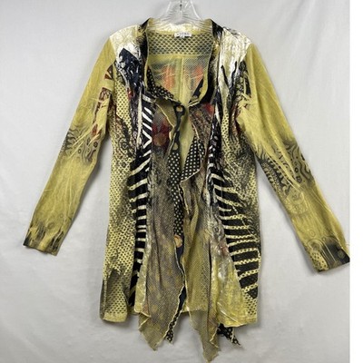Adore Open Front Cardigan Womens Small Yellow Mixed Print Mesh Ruffle Whimsygoth