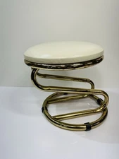 Vtg Hollywood Regency Zig Zag Cantilever Stool Ottoman Brass Tone Leather Vinyl