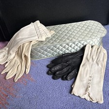 4 Pair Vintage Gloves 6.5 Black Leather Ivory Cotton  Quilted Satin Glove Box