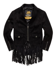 Superdry Neonomad Fringe Suede Leather Jacket Womens Size M Designer Black Biker