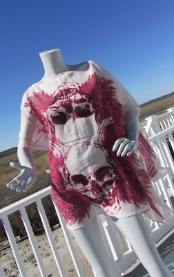 NEW THE PYRAMID COLLECTION top skull feathers pink caftan poncho cape ONE SIZE