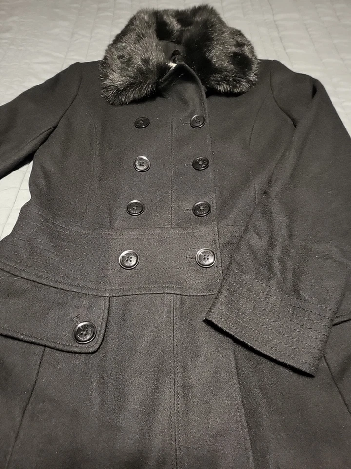 Chaquetón de lana Esprit para mujer S negro desmontable cuello de piel sintética pecho Dbl Foto 2 de 4