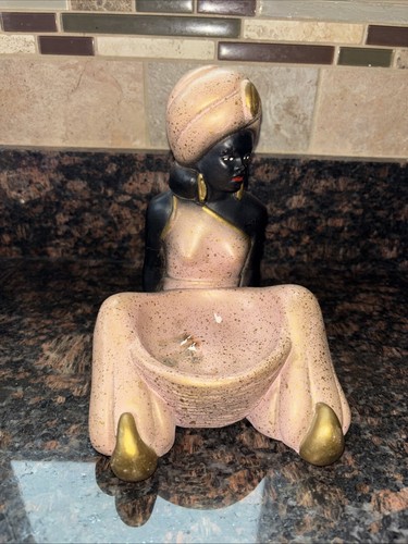Vintage 1950s Chalkware Ashtray - Nubian Blackamoor Woman 7" - Picture 5 of 7