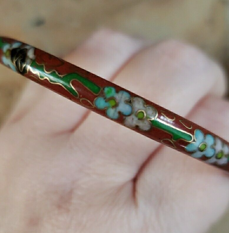 Thin Chinese Cloisonne Red Bangle Bracelet Enamel Flowers  display picture 2