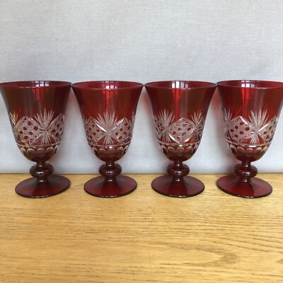 Vtg Pasabahce RED Cut To Clear Glass Stemmed Goblet Christmas Set of 4 - Elegant