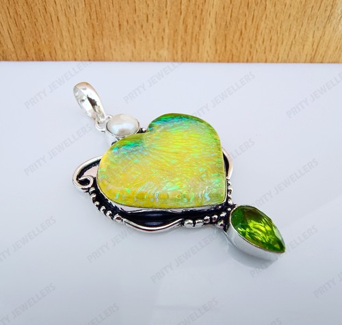 Boulder Opal mit Perle und Peridot Edelstein Herzform Handarbeit Unic Anhänger - Bild 3 von 8