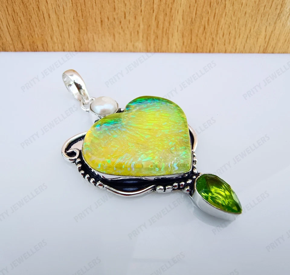 Boulder Opal mit Perle und Peridot Edelstein Herzform Handarbeit Unic Anhänger - Bild 3 von 4
