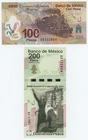 Mexico 100 & 200 Pesos 2007-2008 Pick 128 & 129 UNC Uncirculated Banknote Conmem