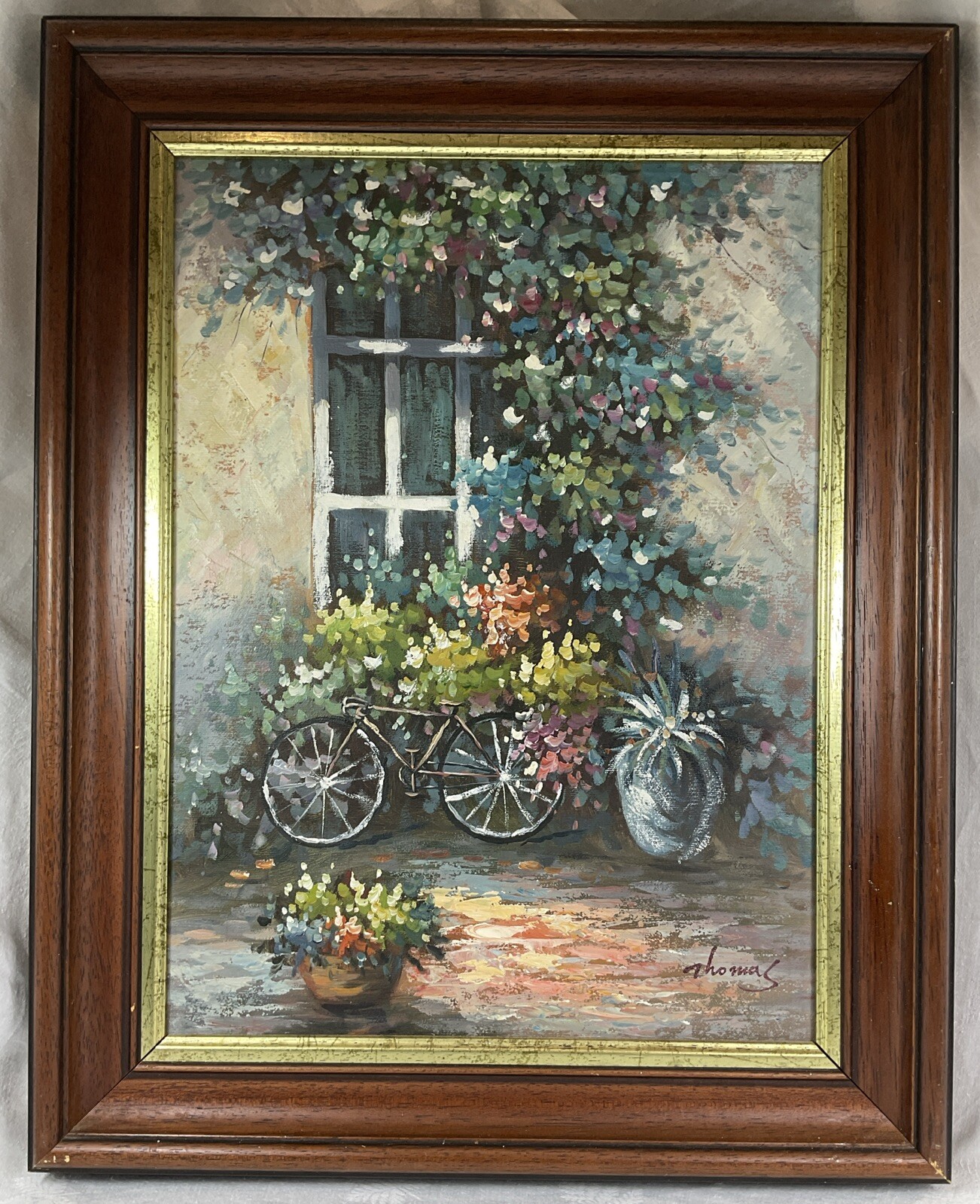 Original Vintage Öl auf Leinwand Gemälde Bild signiert Thomas Fahrrad Blumen