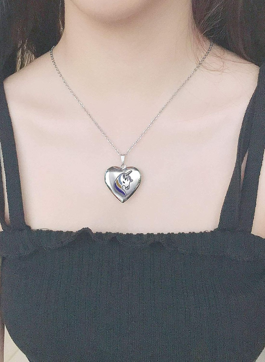 Collier Médaillon Licorne Avec Photo - Cadeau Fille, Acier Inoxydable Hypoallergénique