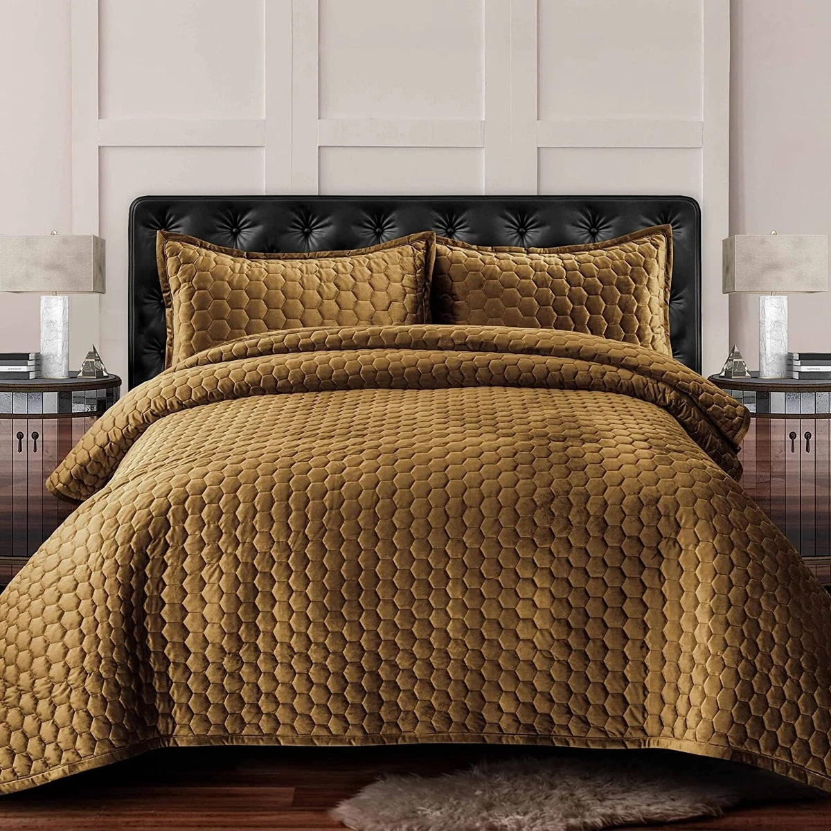 Silky Gold Camel 3 Piece Quilt Set King Queen Soft Bedspread Coverlet with Sham