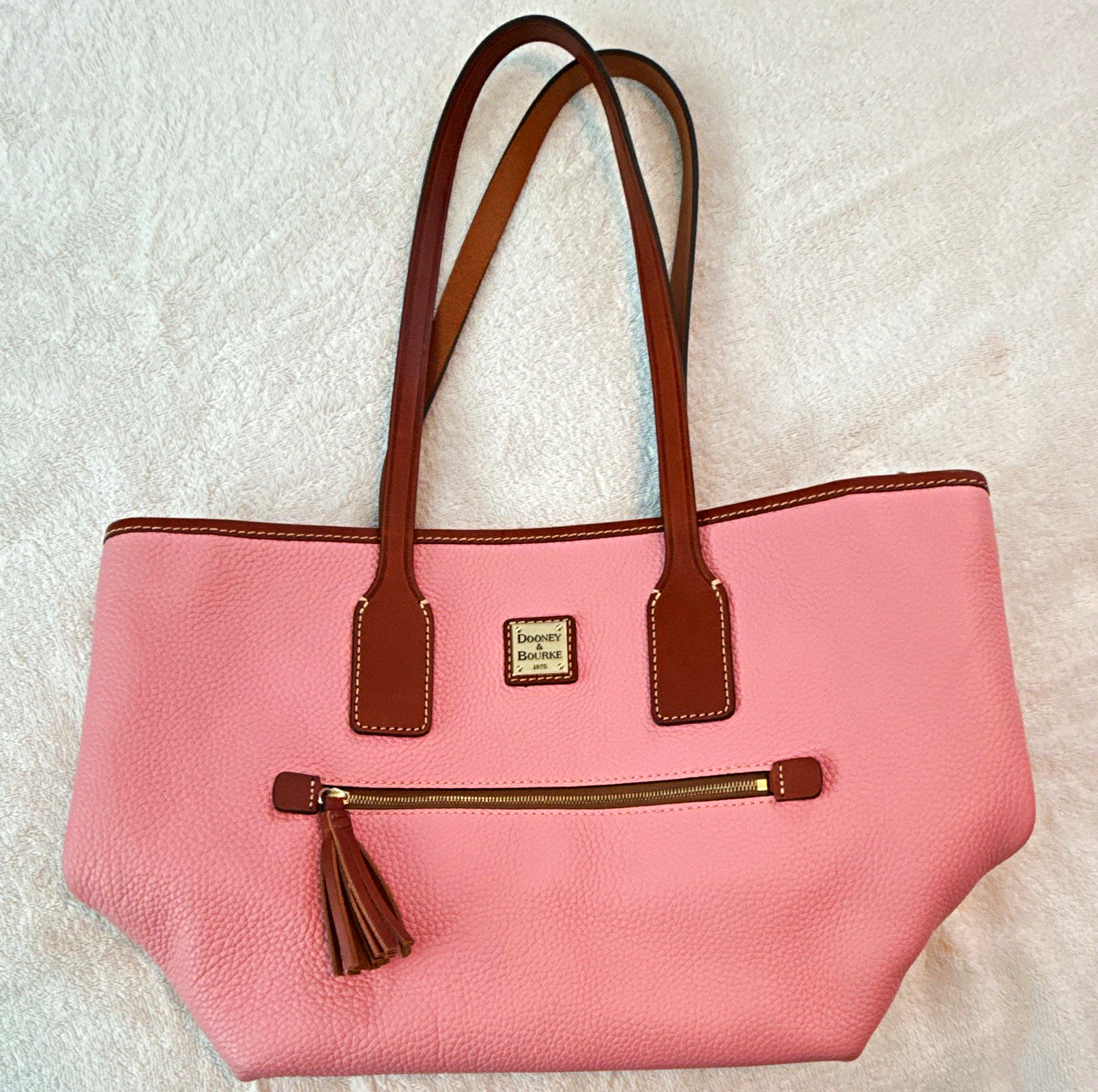 Dooney & Bourke Women's Tote Pink/Brown Zip Front Pocket Tassel Gold Hardware