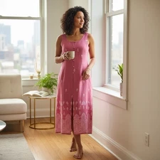 Tess Dress Womens 12 Pink Linen Sleeveless Button Front Midi Floral Boho Resort