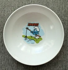 Vintage Deka Smurfs White Cereal Bowl 6" Smurf Fishing 80s Cartoon Made in USA