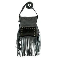 American West Womens Fringed Cowgirl 8in Black Hair-On Leather Crossbody Bag OS