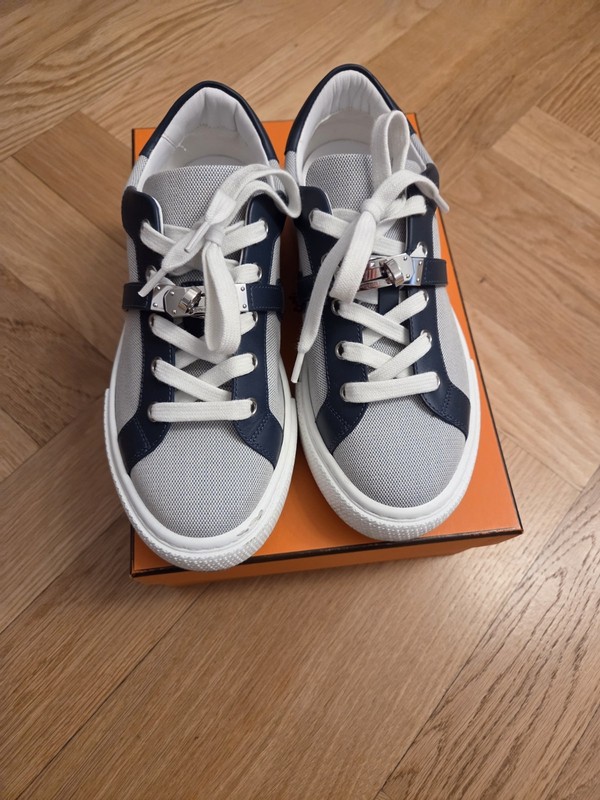 Authentic Hermès Day Sneakers in Bleu/Bleu Céleste featuring iconic Kelly Buckle