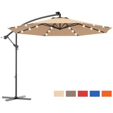 10' Hanging Solar LED Umbrella Patio Sun Shade Offset Market W/Base Beige