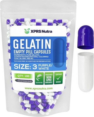 Size 3 Purple & White Empty Gelatin Pill Capsules Kosher Gel Caps Purple/White