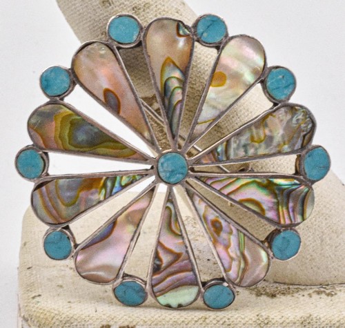 Ethnic Mexico Sterling Silver Abalone Shell & Turquoise color stone Circle Pin