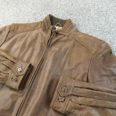 Jos A Bank Jacket Mens L Brown Leather Full Zip Bomber Coat