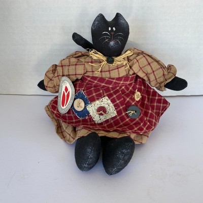 Delton Vtg Black Cat Doll Girl beige and red dress with apron.  Shelf Sitter