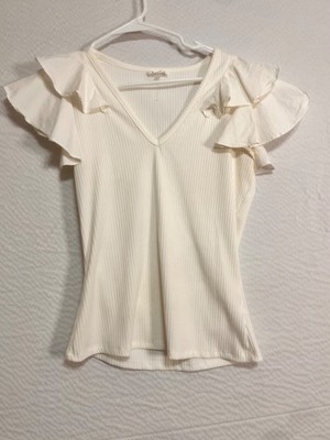 T C E C White Rib v-Neck Ruffle Short Sleeve Top Size L (BB5-5)