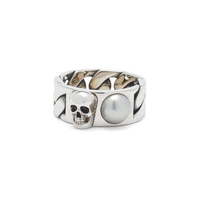 (NO CUSTOMS TAX) ALEXANDER MCQUEEN silver tone Skull chain metal ring 21 / 9.5