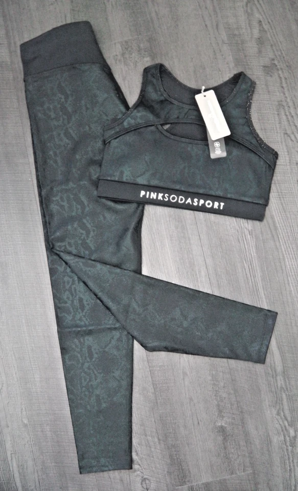 BNWT WOMENS PINK SODA SPORTS BRA & LEGGINGS SIZE 10 GYM YOGA RUN PILATES TOP BLK - Image 4 of 4