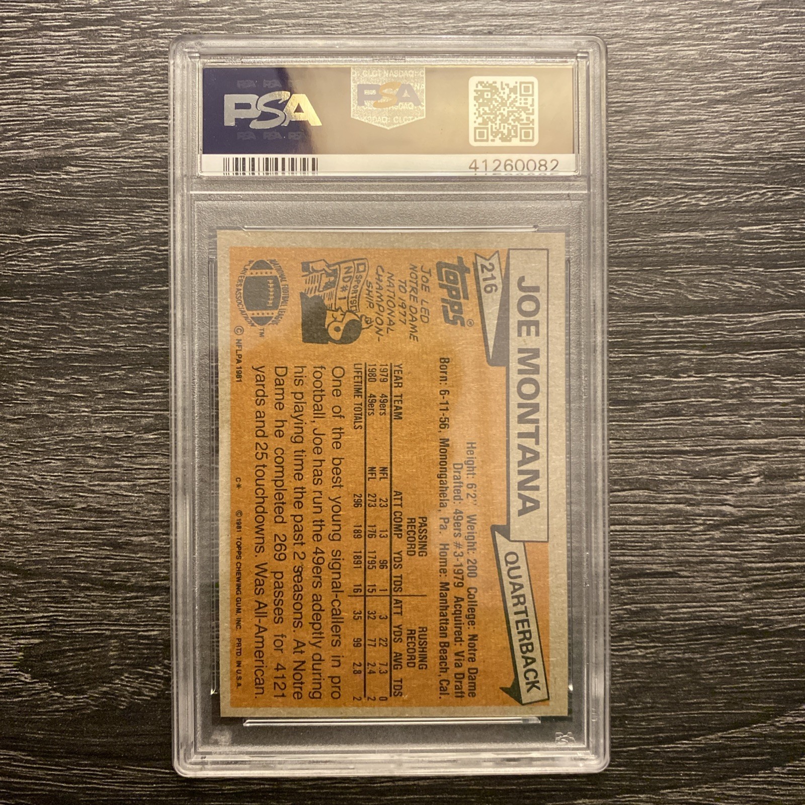 1981 Topps Joe Montana Rookie #216 San Francisco 49ers PSA 8 view 2