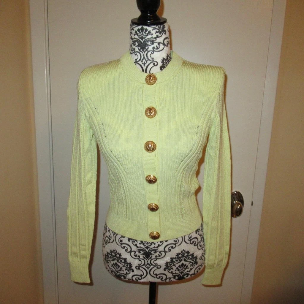 Balmain — Balmain Yellow Kint Cardigan Stretch Top Gold Buttons Sweater XS 34