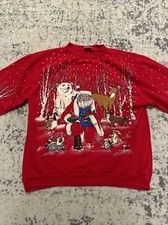 VINTAGE HOLIDAY TIME Unisex XL Santa AND Reindeer Sweatshirt Red Ugly Christmas