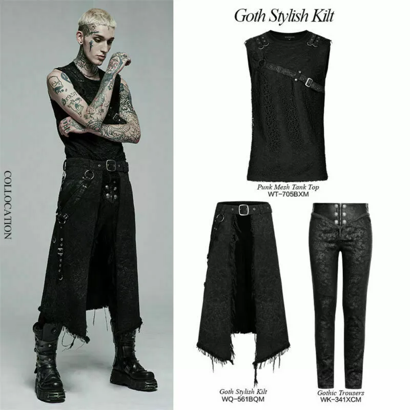 Punk Rave Men's Gothic Dark Textured Printed Stylish Kilt Casual Skirts  Pants