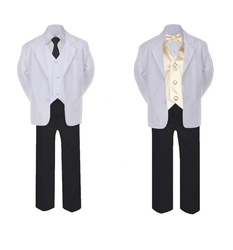 7pc Boy Formal Black & White Suit Tux Set Satin Bow tie & Vest Baby Kid Sm-8 - Picture 6 of 25