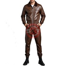 TRAJE DE CUERO DE OVEJA MARRÓN GENUINO PARA HOMBRES CATSUIT CINTURA ELÁSTICA BODY GENERAL