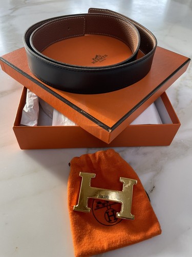 Hermes Gold H Buckle & Belt - Leather Black/Brown W X 32mm X L X 85cm