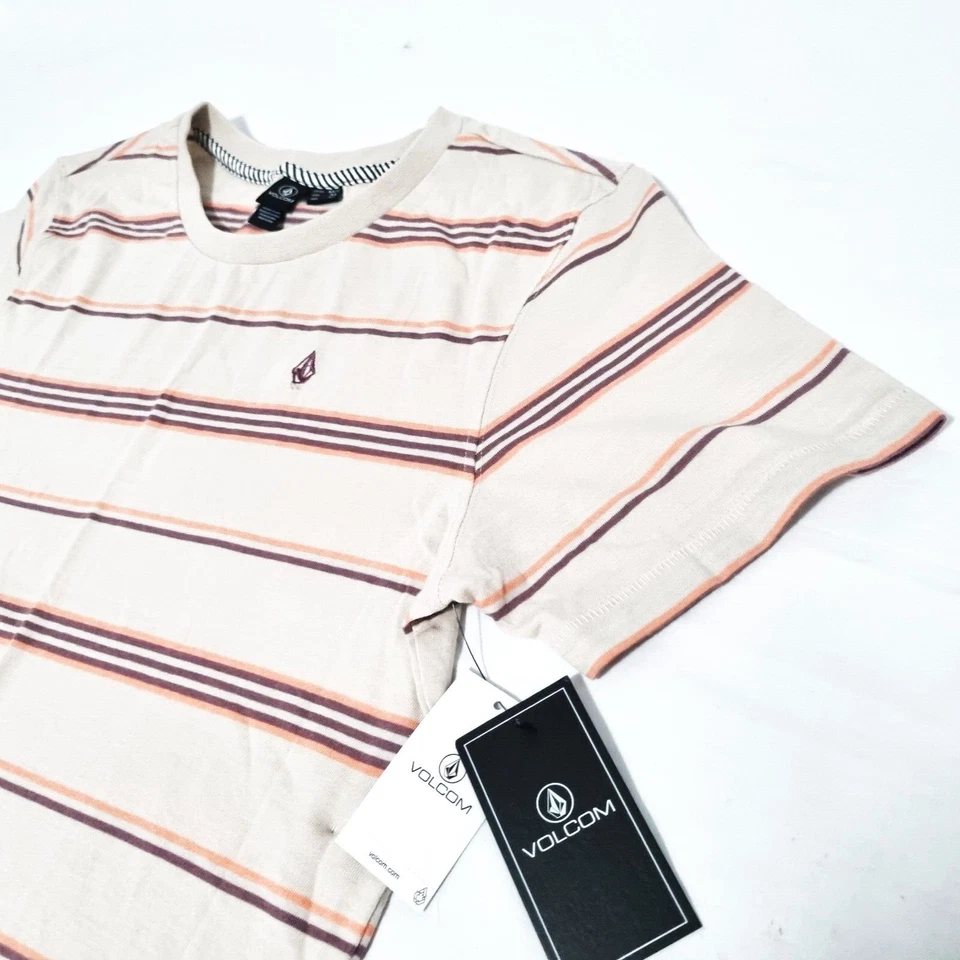 Volcom T-Shirt Tee Beige Short Sleeve Striped Round Neck BNWT Women Size 12 - Image 2 of 4
