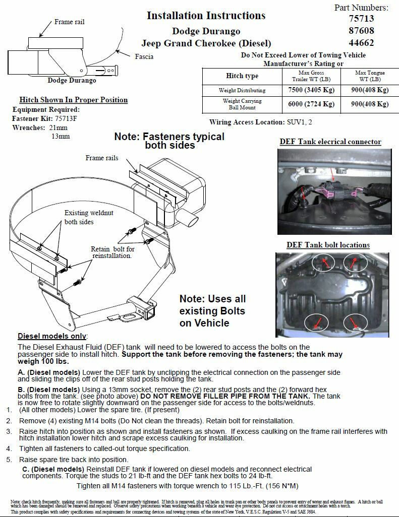 Reese Trailer Tow Hitch For 1423 Dodge Durango w/ Wiring Harness Kit