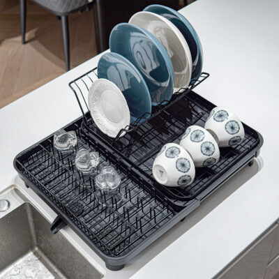 Dish Drainer Rack with Expandable Drip Tray Cutlery Draining