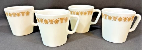 PYREX ~ BUTTERFLY GOLD ~ Set of 4 Mugs / Coffee Cups ~ D-Handle ~ Vintage