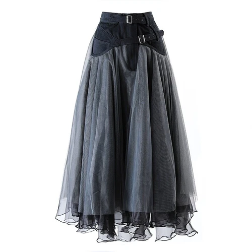 UK Women Denim Mesh Skirt Lace Splice Midi High Waist A-line Pleated Frill - Picture 5 of 17