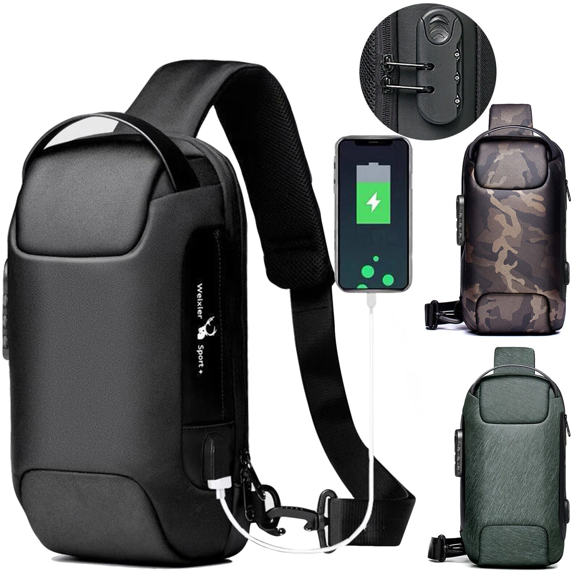 Waterproof Sling Crossbody Bag Anti-theft Chest Shoulder Backpack with USB  Port