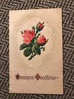 Antq Postcard -Birthday Greetings - Embossed Cross-stitch Roses  - free postage — photo 1