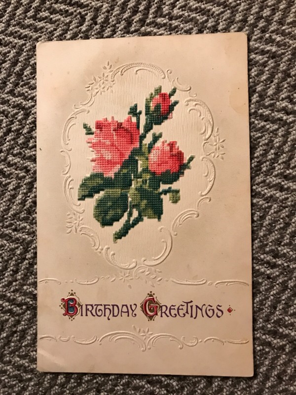 Antq Postcard -Birthday Greetings - Embossed Cross-stitch Roses  - free postage