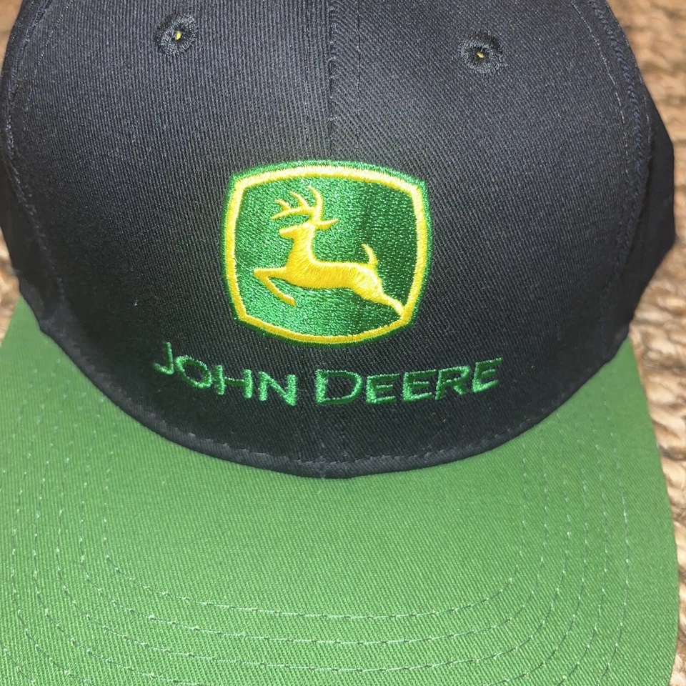 John Deere Snapback Black Patch Hat Cap Green BRIM Color Block Embroidered Vtg - Image 2 of 4