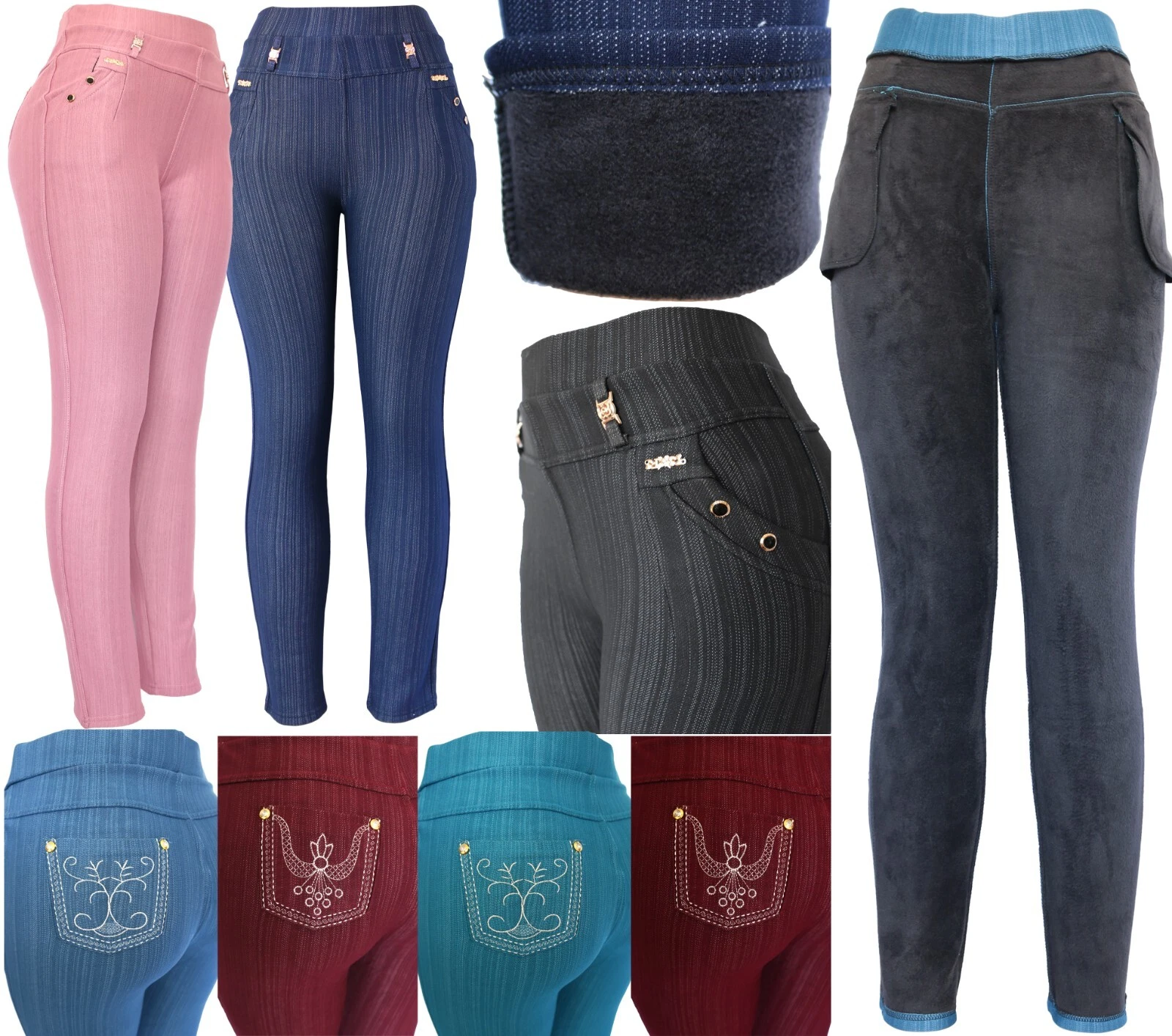Women's Winter Plush Lined Thick Pants Denim Look Dressy Leggings