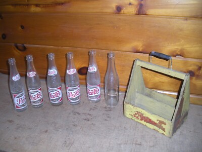 Vintage Pepsi Cola Wooden 6 Pack Glass Bottle Soda Carrier with 6