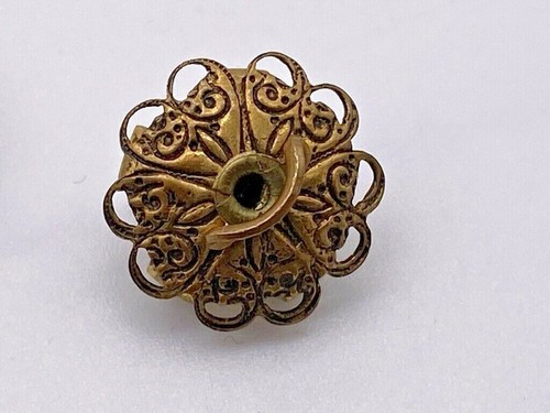Antique VTG Metal Brass Button 15mm 5/8" Round Pierced Flower Rhinestone Center - Picture 4 of 5