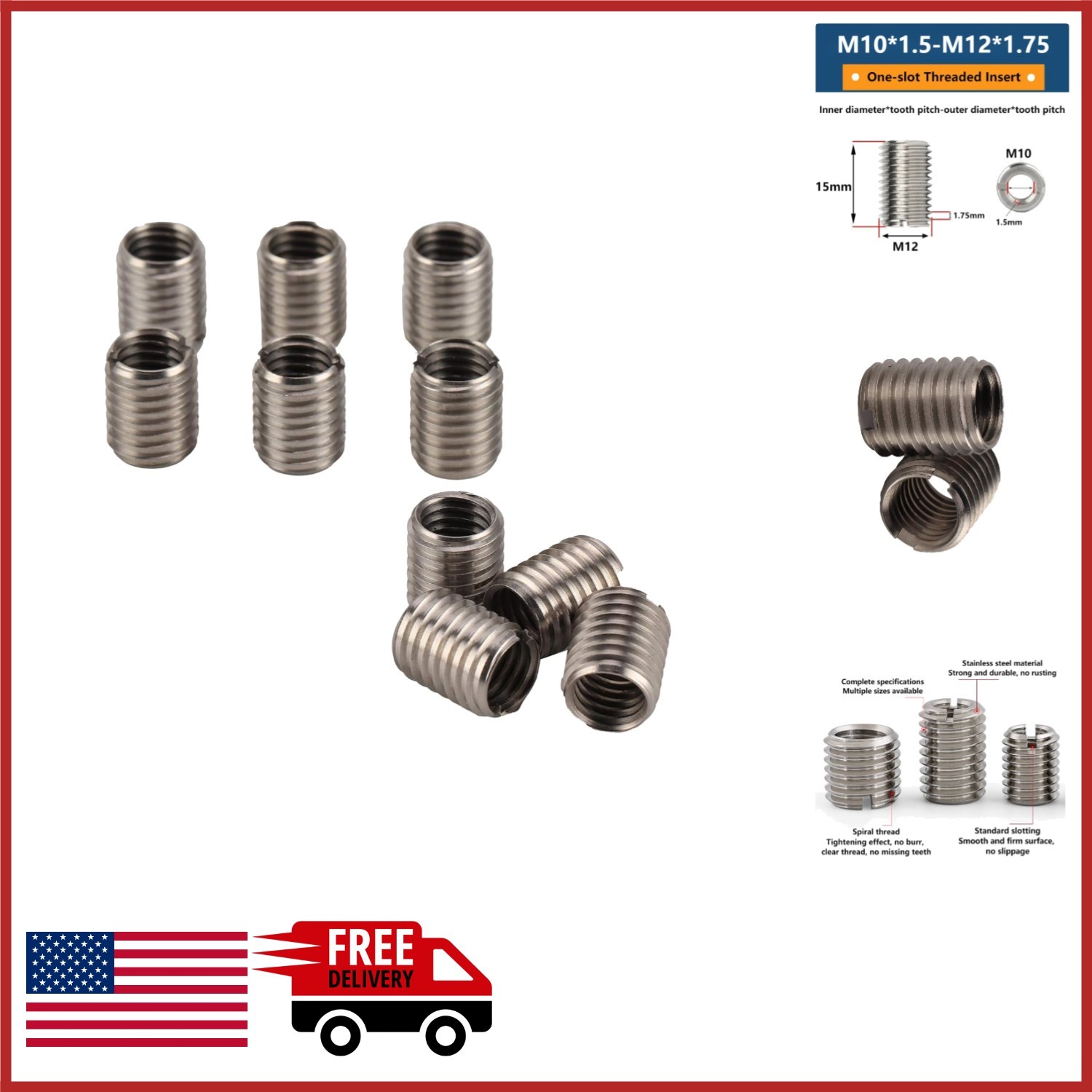 10 Pcs Stainless Steel Thread Inserts M10 x 1.5 M12 x 1.75 for Thread Repair