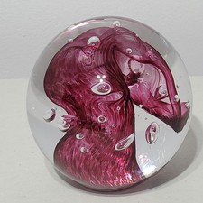 Larson Art Glass Hand Blown Round Paperweight Pink Purple Swirl Bubbles USA